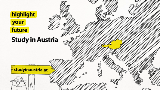 Subject of Austria's university marketing: map of Europe in which Austria is highlighted in yellow.