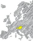 Illustration einer Europakarte in grau, Österreich ist gelb hervorgehoben. 