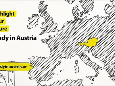 Map of Europe with the wording "Highlight your future. Study in Austria"