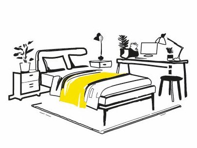 Eine schwarz-weiß und gelbe Illustration von einem Bett und einem Schreibtisch