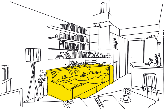 Illustration eines Studentenzimmers mit einem Bett und einem Bücherregal