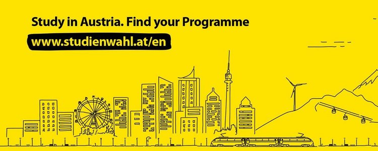 Das gelbe Lesezeichen "Studienwahl" zeigt die Skyline von Wien und den Wortlaut www.studienwahl.at