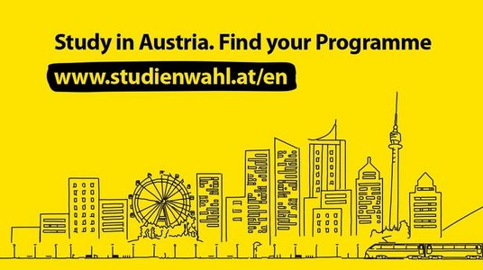 Das gelbe Lesezeichen "Studienwahl" zeigt die Skyline von Wien und den Wortlaut www.studienwahl.at