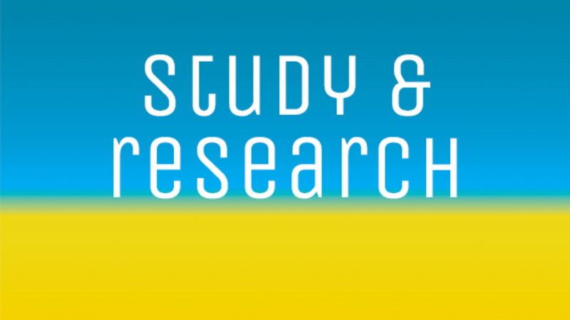 Blau gelber Hintergrund mit study and research