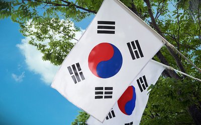 Zwei Flaggen mit dem Wappen Südkoreas vor einem Baum