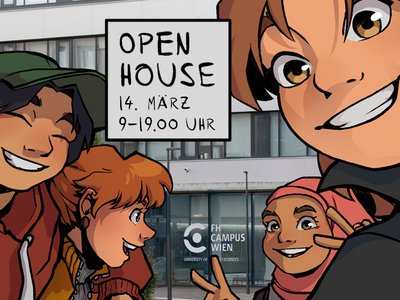 Eine Zeichnung mit jungen, lachenden Menschen und der Aufschrift "Open House 14. März, 9-19 Uhr"